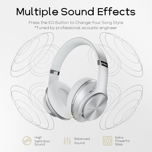 DOQAUS Bluetooth Headphones Over Ear, 90H Playtime, 3EQ Mode, with ENC Mic | Hifi Stereo Sound, Lightweight, Headphones Wireless with Soft Memory Foam Earpads, Deep Bass for Home Office Cellphone PC - color: Sliver