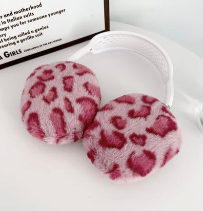 Fluffy Plush Case for AirPods Max Headphones, Cute Furry Fur Ear Cups Skin Soft Slicone Protective Cover for AirPods Max(Pink Leopard) - color: Pink Leopard