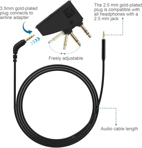 Airplane Headphone Adapter Comes with 2.5mm to 3.5mm Male Audio AUX Cable, Golden Plated 3.5mm Jack for Airplane/Home TV/Gym/Boats/Car, Foldable Single/Double Gold Plug