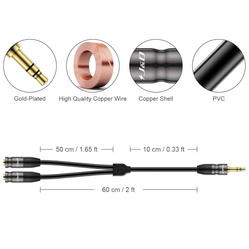 J&D Headphone Splitter 3.5 mm Audio Stereo Y Splitter Cable, 1/8 inch TRS Male to Dual 1/8 inch TRS Female Headphone Jack Adapter Aux Extension Cable for Phone/PS4/Switch/Tablet, 2 feet - size: 2 Feet