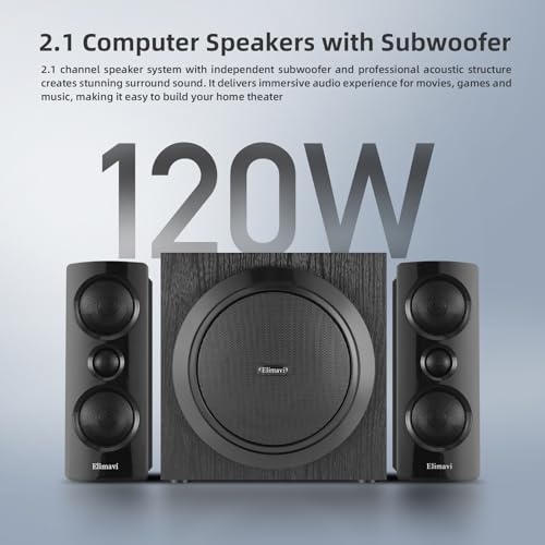 Elimavi 2.1 Computer Speaker System, 6.5" Subwoofer, 120W RMS, Black | Three-Way Design, 2 X 1" Tweeter, 4 x 2.75" Midrange Drivers, RCA/Coaxial/Optical Audio Inputs, BT5.3 Wireless Connection