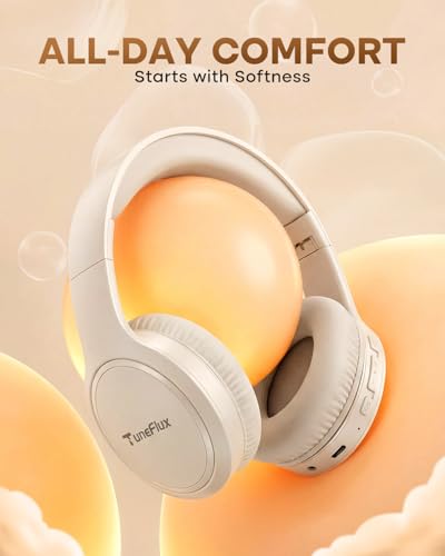 TuneFlux Bluetooth Headphones,70H Playtime Bluetooth 6.0 Wireless Headphones,3 EQ Music Modes Foldable Lightweight Over Ear Headset with Clear Call,HiFi Deep Bass for Home Office Travel (Beige) - color: Beige
