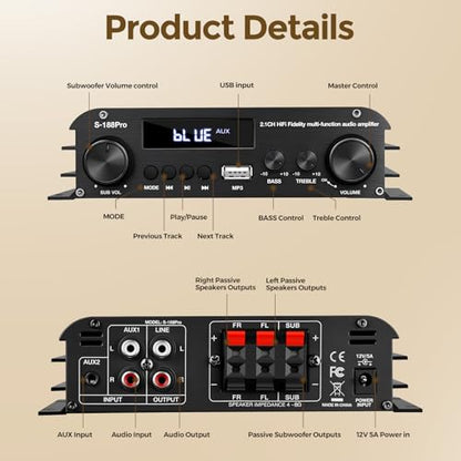 Romicta 2.1 Channel Stereo Audio Amplifier, 300Wx2+360W Home Audio Stereo Receiver Bluetooth 5.0 with USB/AUX, Remote, Bass Treble & Sub Control, for Active/Passive Subwoofer & Speaker