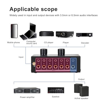 RCASwitch, RCAAudio Switch, QH 06 6 Input 1 Out Audio Signal Source Switcher, HiFi Input Selector Splitter Box