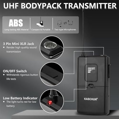 Wireless Microphone System, 4-Channel UHF Wireless Mic Set with 2 Handheld Mics, 2 Bodypack Mics, 328Ft Range, 4x60 Frequencies, Metal Cordless Microphone for Singing, Church, Karaoke