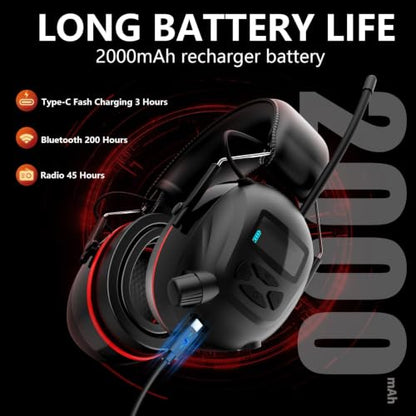 Bluetooth 6.0 AM/FM Hearing Protection, Radio Headphones with Digital Display, 30 SNR Noise Reduction Safety Earmuffs with Rechargeable 2000 mAh Large Battery, Ear Protector for Mowing Lawn Work - color: Red