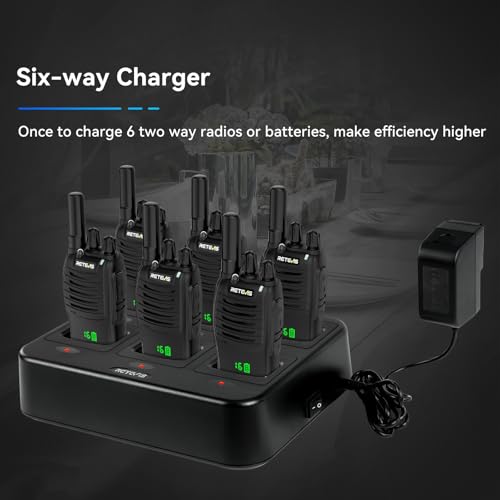 Retevis H777H Walkie Talkies with Earpeice,Portable FRS-Two Way Radio 6Pack | For Schools, Shatterproof Hidden Display, 6-Way Charger, USB-C, Emergency Alarm, Flashlight, with Stretchable Coiled Headset