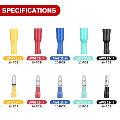 Nilight 200PCS Bullet Terminals Wire Connectors AWG 22-14 | Female & Male Butt Insulated Waterproof Electrical Connector Kit for Automotive Marine Electrical wiring - color: 200PCS Bullet Terminals