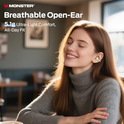 Monster Open Ear AC225 Earbuds, Stereo Sound, Bluetooth 6.0 Open Ear Headphones, Lightweight Comfort Clip-On Earbuds with ENC Mic for Clear Calls, 36H Playtime, Touch Control, IPX6 Waterproof, White