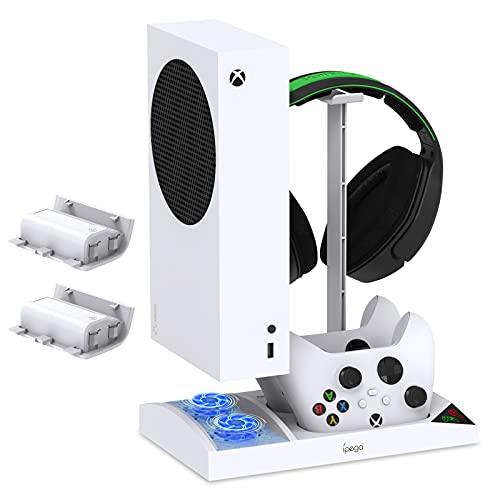 FYOUNG Upgraded Vertical Cooling Fan Stand for Xbox Series S | Cooler Fan System Dual Controller Charging Dock Station with 2 x 1400mAh Rechargeable Battery Pack, Headphone Bracket