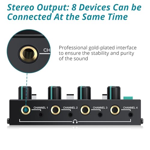 4 Channel Headphone Amplifier,Stereo Audio Amplifier Mixer with 3 Audio Inputs, Individual Mute & Volume Control, Mono/Stereo 1/4" & 1/8" TRS Output, Includes Power Adapter & Audio Cables - color: Black