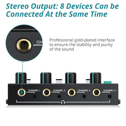 4 Channel Headphone Amplifier,Stereo Audio Amplifier Mixer with 3 Audio Inputs, Individual Mute & Volume Control, Mono/Stereo 1/4" & 1/8" TRS Output, Includes Power Adapter & Audio Cables - color: Black