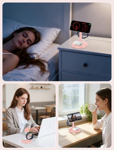 Aeinidi 2026 3 in 1 Wireless Charging Station Compatible with MagSafe, 15W Fast Magnetic Mag-Safe Charger Stand for Apple iPhone 17 16 15 14 13 12 iWatch AirPods Pro 4 3 2, Pink - color: Pink