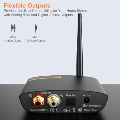 1Mii DS200Pro Bluetooth 5.3 Receiver for Home Stereo, HiFi Wireless Audio Adapter with LDAC, Built-in DAC, Long Range, Optical & RCA Outputs - color: Black