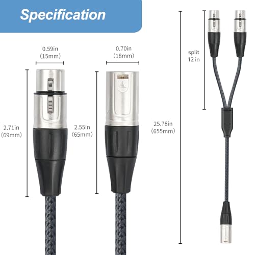 XLR Splitter Cable, Devianl XLR y Splitter 2 Female to 1 Male, Balanced Dual Female to Male Microphone Cord Adapter Combiner, 2 FT, 2 Pack - color: 2FT/ 2 Pack