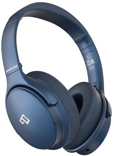 INFURTURE Active Noise Cancelling Over Ear Bluetooth Headphone Deep Bass H1 | Comfortable, Hi-Fi Stereo, 90H Playtime, Low Latency, Foldable Lightweight for Travel, Office, Sport Running - Blue - color: Blue