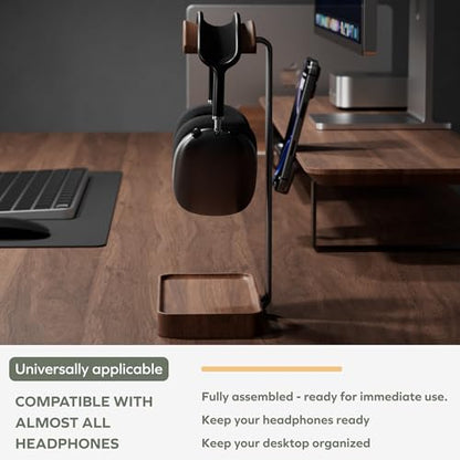 muso wood Walnut Headphone Stand, Wood Headset Stand with Storage Base | Desk Holder for Gaming & Office, Compatible with AirPods Max, Bose, Razer Headsets - color: walnut wood