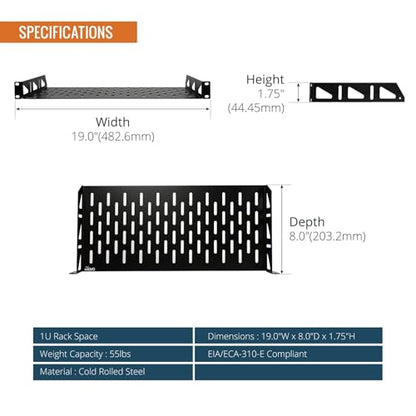 Tecmojo 1U Rack Shelf,19 inch Rack Shelf 8 inch Depth,Rack Mount Shelf with Anti-Slip Stops,Server Rack Shelf and Network Shelf for 19 in Equipments, 55lbs Capacity of Vented 1U Shelf,No Lip(2 Pack) - size: 8 in/2pack