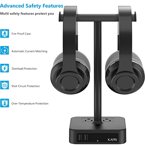 KAFRI Dual Headphone Stand with USB Charger Desk Gaming Double Headset Holder Hanger Rack with 2 USB Charging Port and 2 Outlet - Suitable for Gamer Desktop Table Game Earphone Accessories Gift - color: Black pro