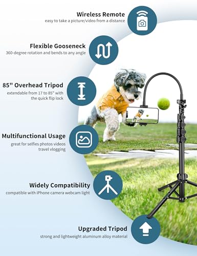 Phone Tripod, 85" Tripod for Cell Phone iPhone with Gooseneck | Aluminum Tripod Stand for Video Recording Photo Vlog, Travel Cellphone Tripod with Remote Compatible with iPhone Android - size: 85 Inch