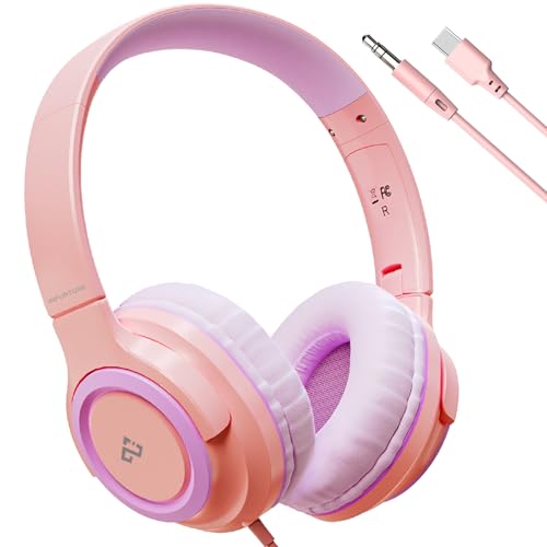 Kids Headphones with 3.5mm & USB C Headphones Kids for School, Over-Ear for Boy Girls, Adjustable Headband,Foldable,Built-in Mic, Safe Volume Wired Headphone for iPad/Travel/Classroom, ideal gift-Pink - color: Rose