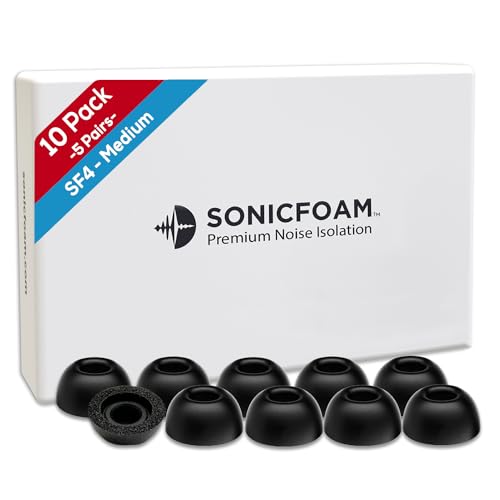 SF4 Medium - Memory Foam Earbud Tips - 5 Pairs - Black | Fits Earbuds with Speaker Diameter 4.4-5.7mm, One Pair Lasts up to 4 weeks, Fits Most Charging Cases - size: Medium - SF4