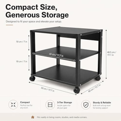3-Tier AV Media Stand, Audio-Video Media Stand with Wheels, Corner Shelf for Record Player Audio Rack Tower for Speakers & Multimedia Equipment