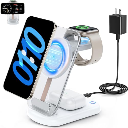 RYND 2026 Traveling Wireless Mag-Safe Fast Charging Station | Magnetic 3 in 1 Charger with Light for iPhone 17 16 15 14 13 12 Pro Max Plus,Apple Watch& Air pods 4 3 2 Pro(White) - color: White