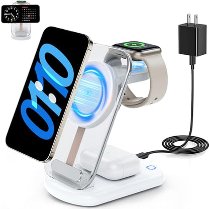 RYND 2026 Traveling Wireless Mag-Safe Fast Charging Station | Magnetic 3 in 1 Charger with Light for iPhone 17 16 15 14 13 12 Pro Max Plus,Apple Watch& Air pods 4 3 2 Pro(White) - color: White