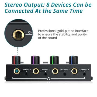 Headphone Amplifier with Light, 4 Channel Mono/Stereo Audio Amplifier with Power Adapter 3 Input Mute & Audio Mixer, Ultra-Compact Headphone Amp Splitter 1/4" & 1/8" TRS Output for Studio - color: Black with Light