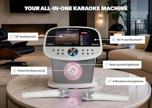 Singing Machine Karaoke Machine Screen, WiFi, Music Apps, 2 Microphones | Portable Karaoke Machine/Speaker for Adults & Kids, Ideal for House Parties, Compatible with YouTube & Spotify - color: white