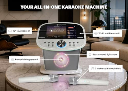 Singing Machine Karaoke Machine Screen, WiFi, Music Apps, 2 Microphones | Portable Karaoke Machine/Speaker for Adults & Kids, Ideal for House Parties, Compatible with YouTube & Spotify - color: white