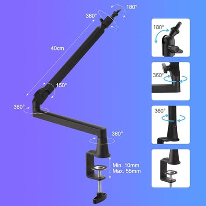 Low Profile Mic Arm 15cm Extra Riser Adjustable Mic Boom Arm Metal Desk Mounted Microphone Stand Cable Management Flexible Microphone Holder for Podcast Streaming Gaming Desktop - color: Black