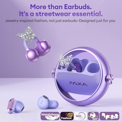 PAXA 3 in 1 Ctbuds Stylish Jewelry-Style Clip on Open Ear Headphones Wireless Earbuds, Instant Earring Mode, Ultra-Long 140H Play, Bluetooth 6.0, All-Day Wear for Work Fitness Daily Use, Purple - color: F-Purple-Butterfly Earring