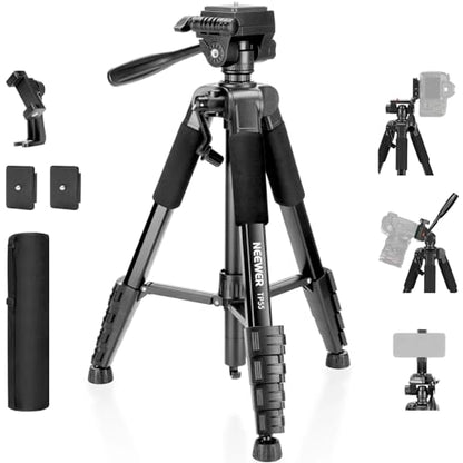 NEEWER BASICS Camera Tripod, 71'' Tripod with Cell Phone Holder Mount Compatible with iPhone for Video Recording, Professional Aluminum Lightweight Portable Travel Stand with 3 Way Pan Tilt Head, TP55 - style: TP55