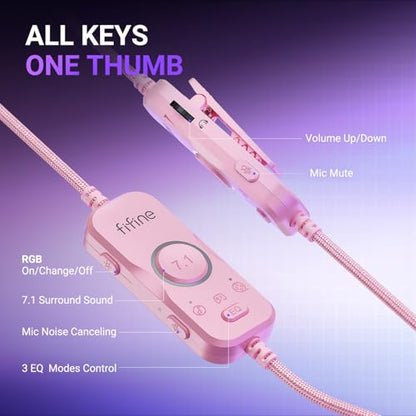 FIFINE USB Gaming Headset with Open Back Design, 7.1 Virtual Surround Sound, 53mm Dynamic Drivers, RGB Headphone with Handy Control Box, Detachable Boom Mic for PC, PS5, PS4, Laptop, Mac - H19P - color: Pink