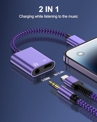 2-in-1 Lightning to 3.5mm Audio Adapter with Charging, Headphone Splitter | MFi Certified iPhone Aux Adapter Female Converter for Apple 14 Plus 13 12 11 Pro Max XR XS iPad mini iPod, Car & Home Stereo - color: Purple