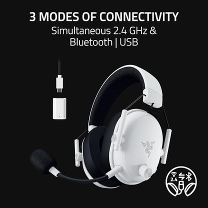Razer BlackShark V3 Wireless PC Gaming Headset, 50mm Drivers, White | Super Wideband Mic, 2.4 GHz, Bluetooth, USB, Works with Mac, PS5, Nintendo Switch, Smartphone, 70 Hr Battery - color: White