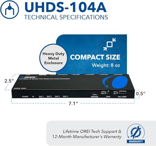 OREI 1x4 2.0 HDMI Splitter with Scaler Audio Extractor 4 Ports with Full Ultra HDCP 2.4K at 60Hz & 3D Supports EDID Control - UHDS-104A | Supports audio de-embedding from HDMI signal source to optical and analog audio output ports. Supports analog audio P