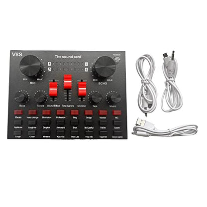 V8S Microphone USB Rechargeable DSP External Mixer Karaoke 3.5Mm Interface Sound Card Portable Live Broadcast Stereo, Black, 500366341