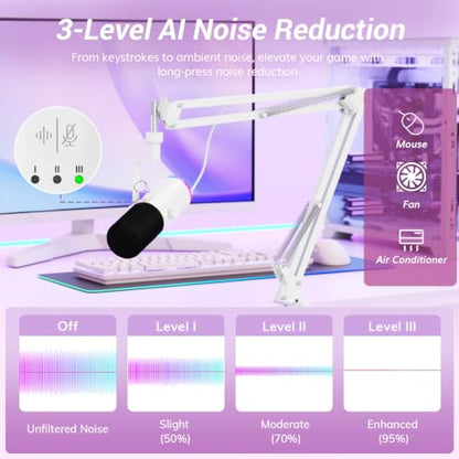 TONOR Dynamic Gaming Microphone XLR/USB Mic with AI Noise Cancellation - color: White