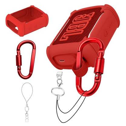 (3 in 1) Orzero Silicone Cover Compatible for JBL Go 5 Waterproof Bluetooth Speaker, Lanyard Dust Plug and Twist-Lock Carabiner for Camping Hiking (Red) - color: Red