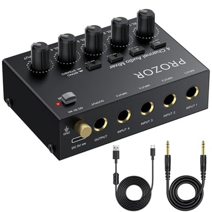 PROZOR Mini Audio Mixer 4 Channel Line Mixer - USB-C Powered Sub Mixer | with Volume Control & Stereo Mono Switch, Compact Low Noise Audio Mixer for Guitar, Bass, Keyboard, Recording, Streaming