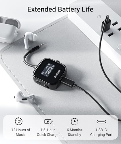 Syntech Airplane Bluetooth Transmitter 5.4 for 2 Headphones, HD Display | Bluetooth adapter with HD display, low latency, dual headphone pairing, 3.5mm AUX for planes, TV and car - color: Black