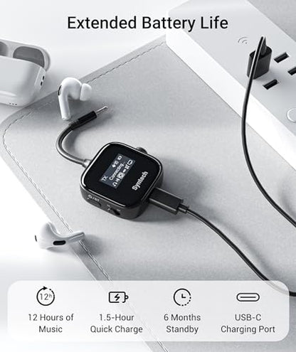 Syntech Airplane Bluetooth Transmitter 5.4 for 2 Headphones, HD Display | Bluetooth adapter with HD display, low latency, dual headphone pairing, 3.5mm AUX for planes, TV and car - color: Black
