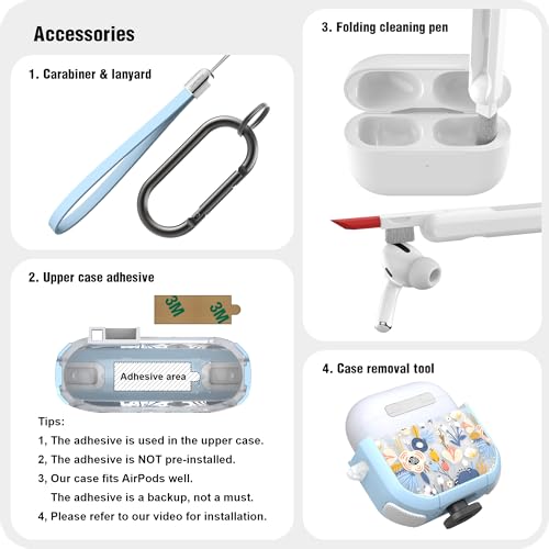 WENEW Case for AirPods 4th Case Cover Secure Lock Automatic Snap Switch Clip Cleaner Kit Lanyard Women Stylish Flower Armour Hard Shell Full Body Front LED Visible (Blue, AirPods 4) - color: Blue, size: AirPods 4