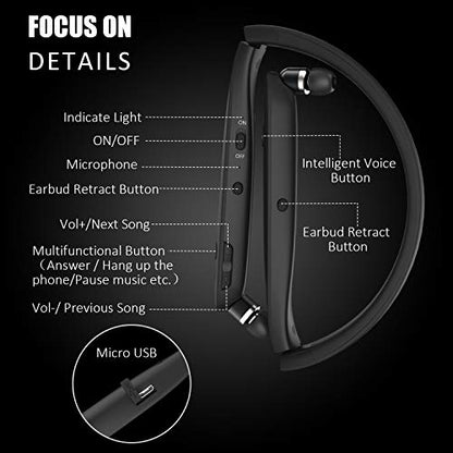 RoomyRoc Bluetooth Headphones, Wireless Neckband Headset Evoking Siri & Bixby with Retractable Earbuds, Sports Sweat-Proof Noise Cancelling Foldable Stereo Earphones with Mic (Black)