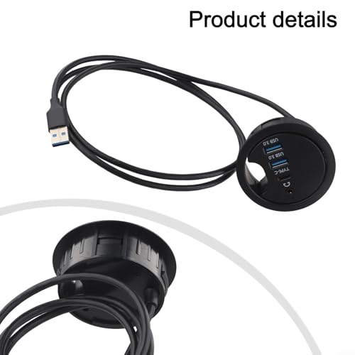 USB 3.0 Desk Grommet Hub with Dual Port Audio Interface for Headphones and Microphones, Compact Cable Organizer and Plug-and-Play Connectivity for Desktop PC and Laptop Workstations