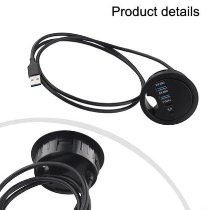 USB 3.0 Desk Grommet Hub with Dual Port Audio Interface for Headphones and Microphones, Compact Cable Organizer and Plug-and-Play Connectivity for Desktop PC and Laptop Workstations