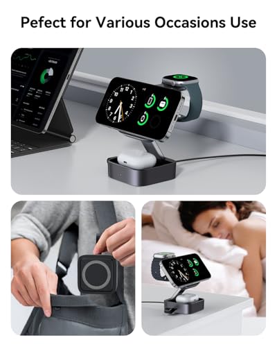 3 in 1 Wireless Charging Station for Apple Devices, Magnetic Foldable Travel Fast Charger Stand Compatible with MagSafe for iPhone Air/17/16/15/14/13/12 Series, Apple Watch & AirPods Pro/4/3/2-Black - color: Black